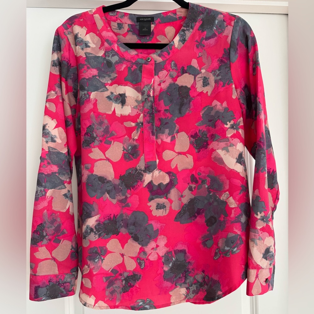 Ann Taylor Hot Pink and Gray Floral Blouse